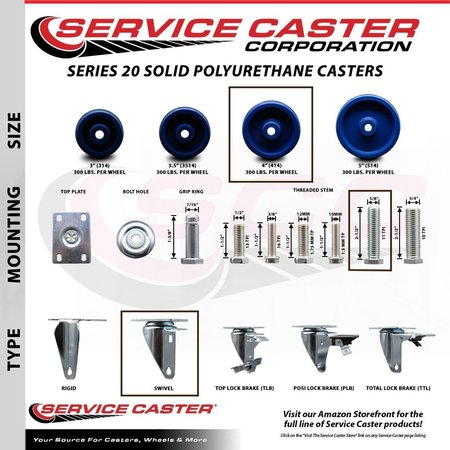 Service Caster 4 Inch Solid Polyurethane Wheel Swivel 58 Inch Threaded Stem Caster Service Caster SCC-TS20S414-SPUS-58212